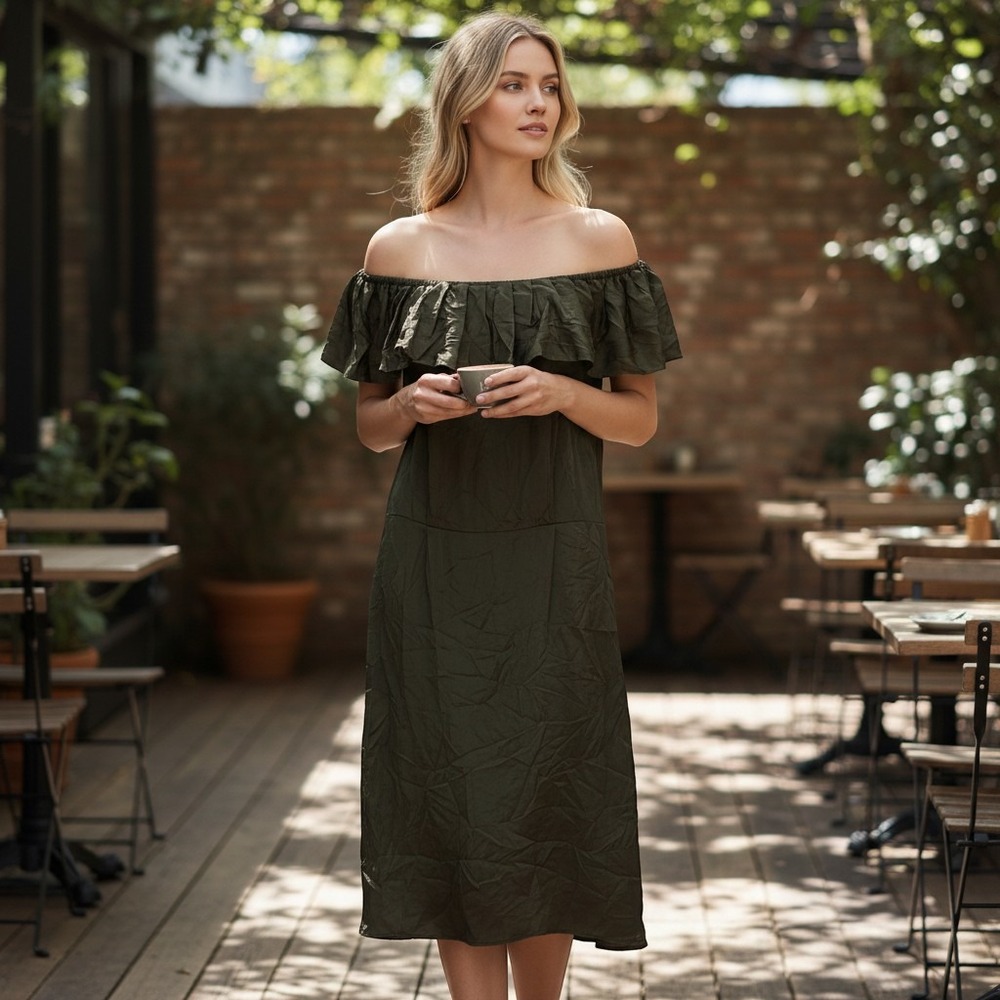 Banana Republic 100% Silk Dress Womens 6 Olive Green Ruffle Off Shoulder